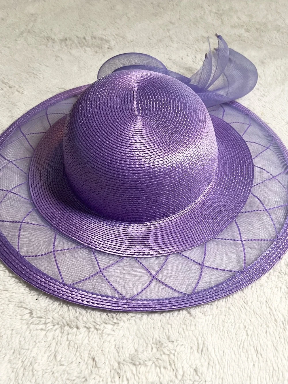 Vintage Lord & Taylor Lavender Purple Wide Brim Floral Fascinator Derby Hat